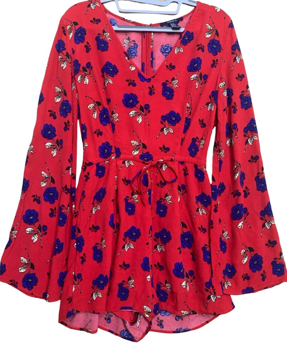 FOREVER 21 Rayon Long Sleeved V-Neck Romper RED w/Blue Flowers Sz XS
